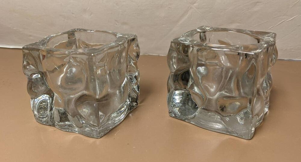 Vintage KIG Ice Cube Glacial Candle Holders Tea Light Votive Pair Set of 2